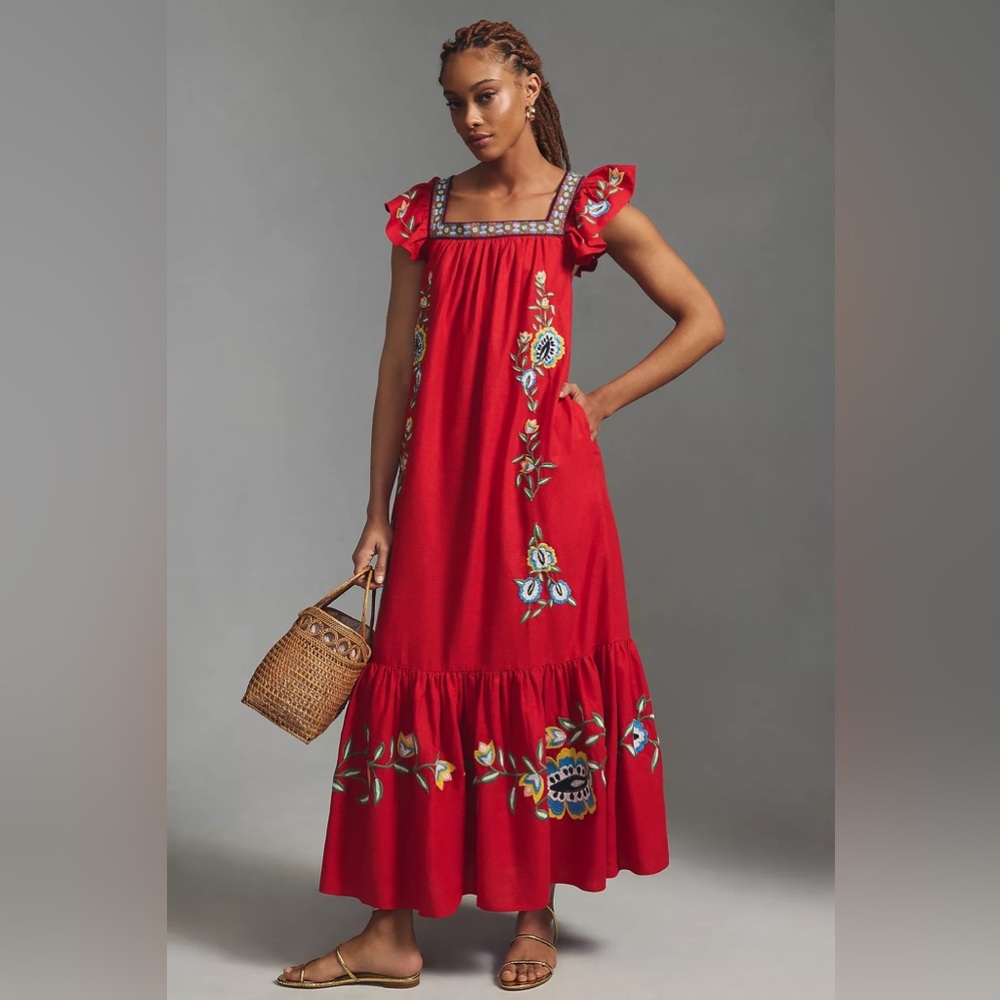 Anthropologie Farm Rio Embroidered Square-Neck Dress
